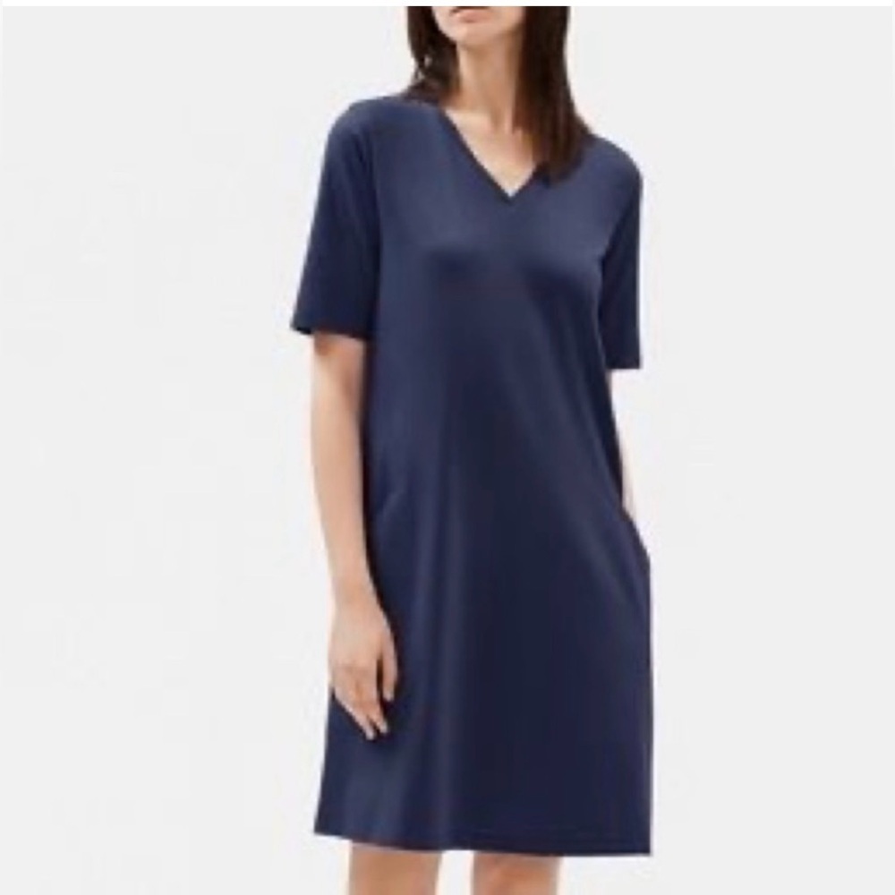 Eileen Fisher Organic Cotton Stretch V-Neck Dress Navy Size XS